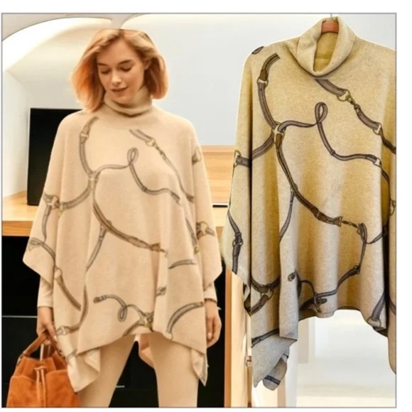 J. McLaughlin Beige Equestrian Chain Print Cashmere Turtleneck Poncho Sweater - Picture 2 of 8